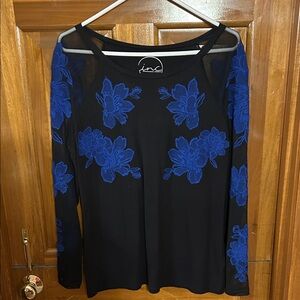 INC International Concepts Women's Black Top with Blue Floral Accents